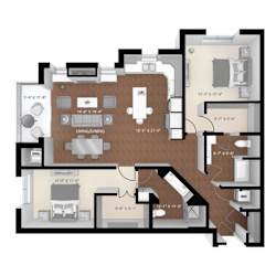 A floor plan of a house with a living room, dining room, kitchen, and two bedrooms.