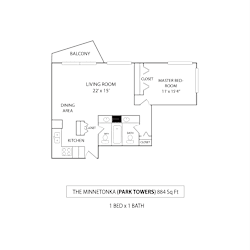 1 Bedroom 1 Bath 884 Sq. Ft. | The Minnetonka Floor Plan at Park Towers, Minnesota, 55416