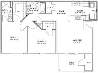 Cypress 2 bedroom 2 bathroom 1,079 Sq.Ft. Floor Plan at Hawthorne Properties, Lafayette, IN 47905