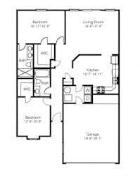 Sycamore Duplex 2 bedroom 2 bathroom 1,150 Sq.Ft. A floor plan at Hawthorne Properties, Lafayette, IN 47905