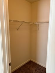 A white closet with a shelf and a carpeted floor.
