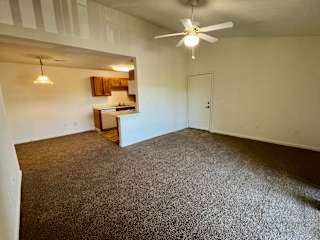 an empty living room with carpet and a ceiling fan at Shenandoah Properties in Lafayette, IN 47905