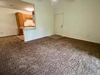 an empty living room with carpet and a door to a kitchen at Shenandoah Properties in Lafayette, IN 47905