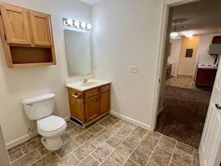 a bathroom with a toilet and a sink and a mirror at Shenandoah Properties in Lafayette, IN 47905