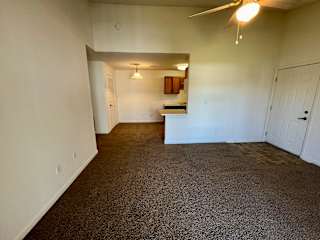 an empty living room with carpet and a ceiling fan at Shenandoah Properties in Lafayette, IN 47905
