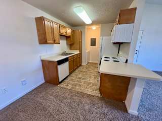 an empty kitchen with a counter and a stove and a refrigerator at Shenandoah Properties in Lafayette, IN 47905