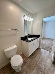 A bathroom with a toilet, sink, mirror, and light fixture.