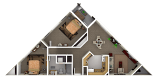 floorplan of a 2 bedroom 1 bath unit with a fireplace. This is a corner unit.