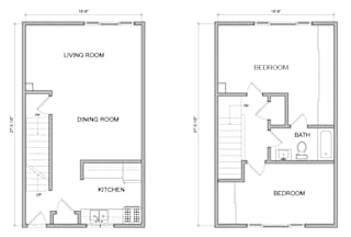 A floor plan of a house with a living room, dining room, kitchen, and two bedrooms.
