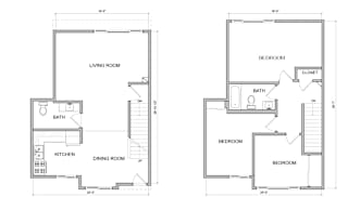 A floor plan of a two-bedroom apartment with a living room, kitchen, dining room, and bathroom.