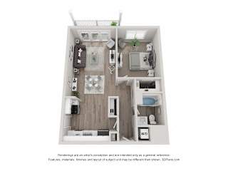 A 3D floor plan of a small apartment with a kitchen, living room, and bedroom.