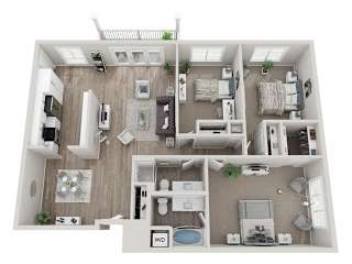 A 3D floor plan of a house with a kitchen, living room, and bathroom.
