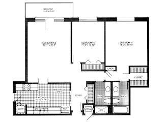 A black and white floor plan of a house with a balcony, living room, dining area, kitchen, breakfast area, two bedrooms, a linen closet, a cloakroom, a powder room, and a la