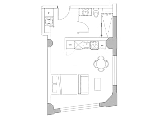 a floor plan of a small room with a bedroom and a bathroom