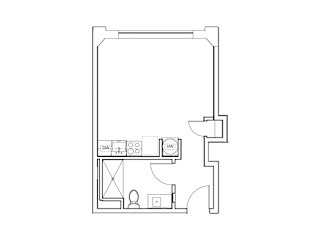 a floor plan of a house with a bedroom and a living room and a kitchen