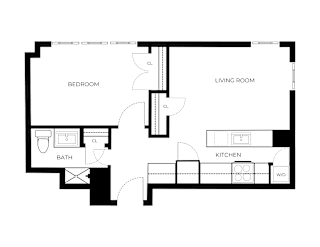 A floor plan of a small apartment with a bedroom, living room, kitchen, and bathroom.
