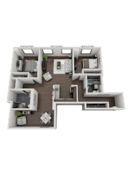 A 3D floor plan of a house with multiple rooms and furniture.