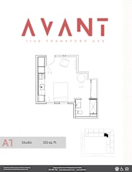 A floor plan for a studio apartment at 1148 Frankford Ave.