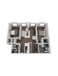 A 3D floor plan of a house with a kitchen, living room, and two bedrooms.
