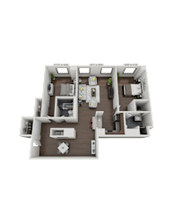 A 3D floor plan of a house with labeled rooms.