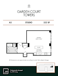 Studio floor plan with kitchen island layout at Garden Court Towers Apartments, Philadelphia, 19143