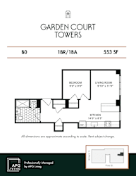 Floor plan for one bedroom one bathroom 553 square feet at Garden Court Towers Apartments, Philadelphia, Pennsylvania