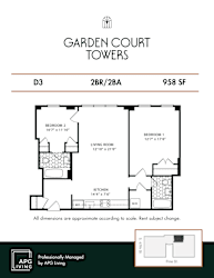 Two bedroom two bathroom floor plan 958 square feet at Garden Court Towers Apartments, Philadelphia, PA