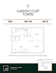 One bedroom one bathroom floor plan 589 square feet at Garden Court Towers Apartments, Pennsylvania, 19143