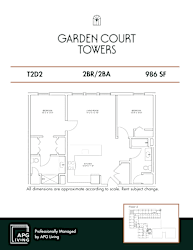 Two bedroom two bathroom floorplan 986 square feet at Garden Court Towers Apartments, Philadelphia, PA 19143