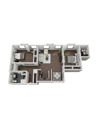 A 3D floor plan of a house with two bedrooms, two bathrooms, a living room, and a kitchen.