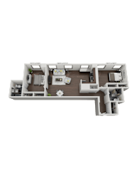 A 3D layout of a house with various rooms and furniture.