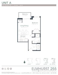 1 bed 1 bath a floor plan for a unit with a bedroom and a bathroom  at Elmhurst 255, Elmhurst, IL