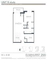 1 bed 1 bath this floor plan is an approximation of a unit b study  at Elmhurst 255, Elmhurst, IL, 60126