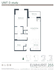 1 bed 1 bath a floor plan for a unit with a bedroom and a bathroom  at Elmhurst 255, Elmhurst, Illinois