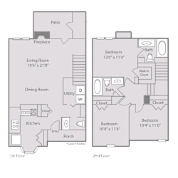 3 Bed 2.5 bath Floor Plan at Radbourne Lake Apartments, Charlotte, 28269