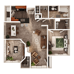 A top-down view of a house layout with a kitchen, living room, dining area, and bathroom.