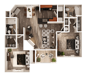 A top-down view of a house layout with various rooms and furniture.