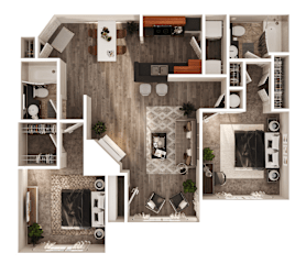 A top-down view of a house layout with a living room, kitchen, and bedrooms.