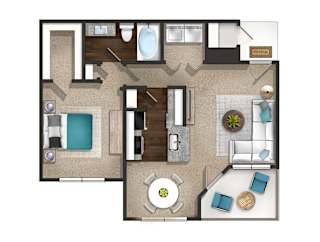 A floor plan of a small apartment with a kitchen, living room, and bathroom.