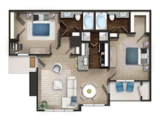 A floor plan of a house with a kitchen, living room, and bathrooms.