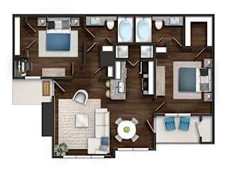 A top-down view of a living room with a couch, coffee table, and television.