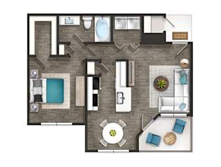 A floor plan of a small apartment with a kitchen, living room, and bathroom.
