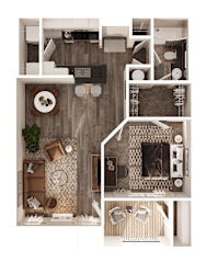 A top-down view of a small apartment with a living room, kitchen, and bathroom.