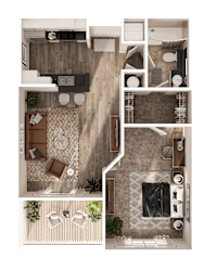 A top-down view of a living room, kitchen, and dining area.
