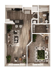 A top-down view of a house interior with a living room, kitchen, and dining area.