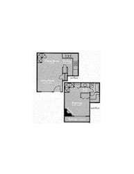 A floor plan of a house with a dining room, living room, kitchen, and two bathrooms.