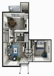 A 3D floor plan of a small apartment with a kitchen, living room, and bathroom.