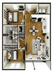 A floor plan of a house with a kitchen, living room, and bathroom.