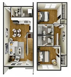 A top-down view of a two-story apartment layout.