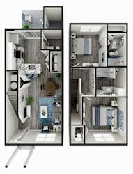 A 3D floor plan of a small apartment with a kitchen, living room, and bathroom.